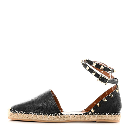 Valentino Garavani Grained Calfskin Rockstud Ankle Wrap Espadrille 20mm Flats 41 Black Light Cuir Natural 1 of 9