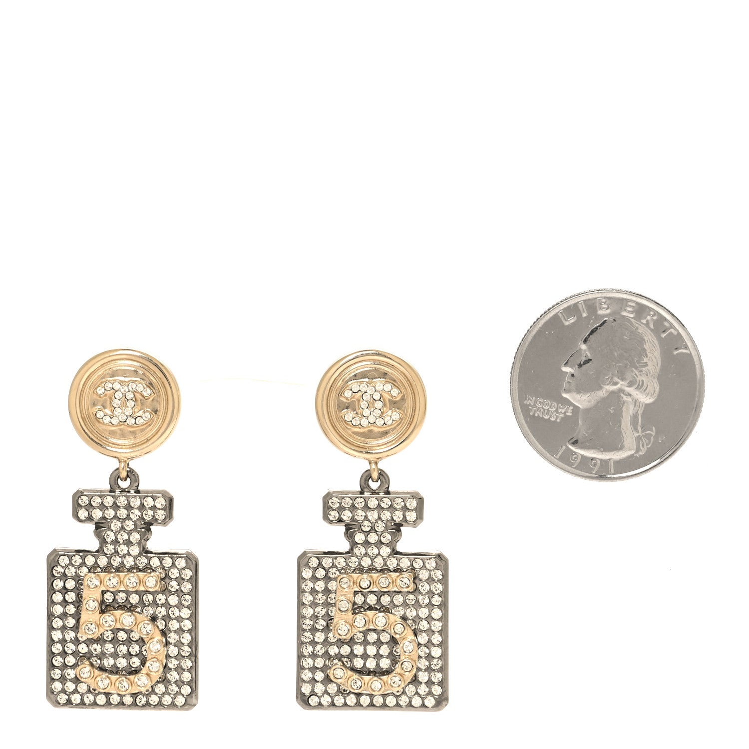 Chanel Crystal CC No 5 Perfume Bottle Drop Earrings Gold Silver 2 of 4