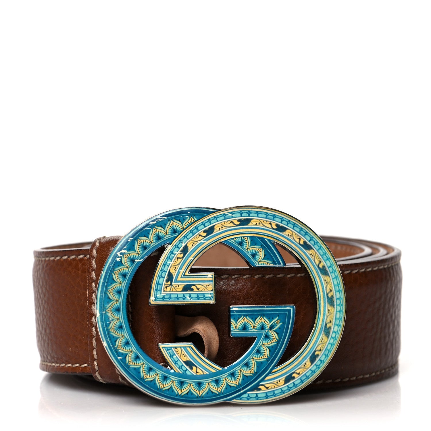 Gucci Calfskin Interlocking G Belt 85 34 Brown Turquoise 1 of 7