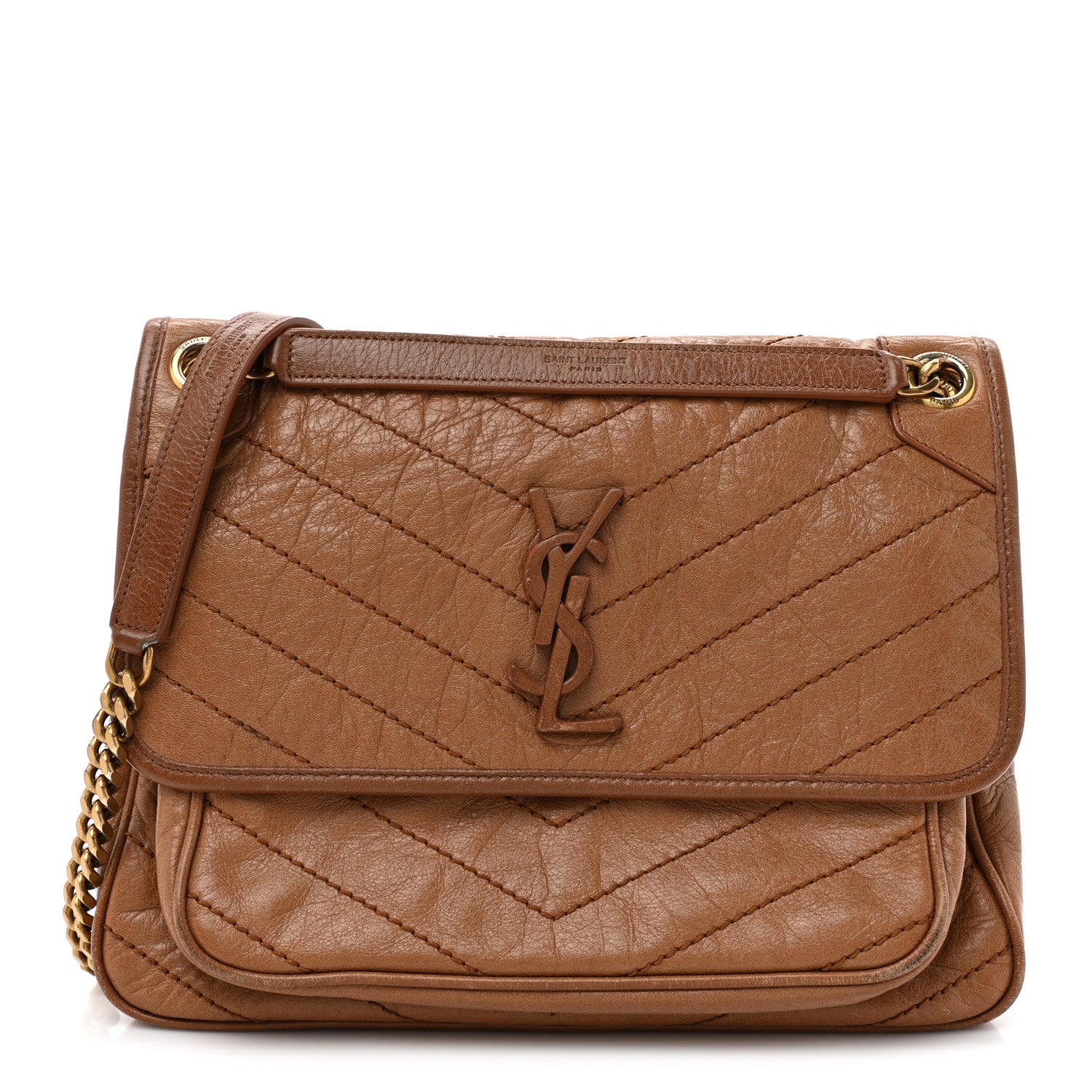 Saint Laurent Crinkled Calfskin Matelasse Monogram Medium Niki Chain Satchel Caramel 1 of 17