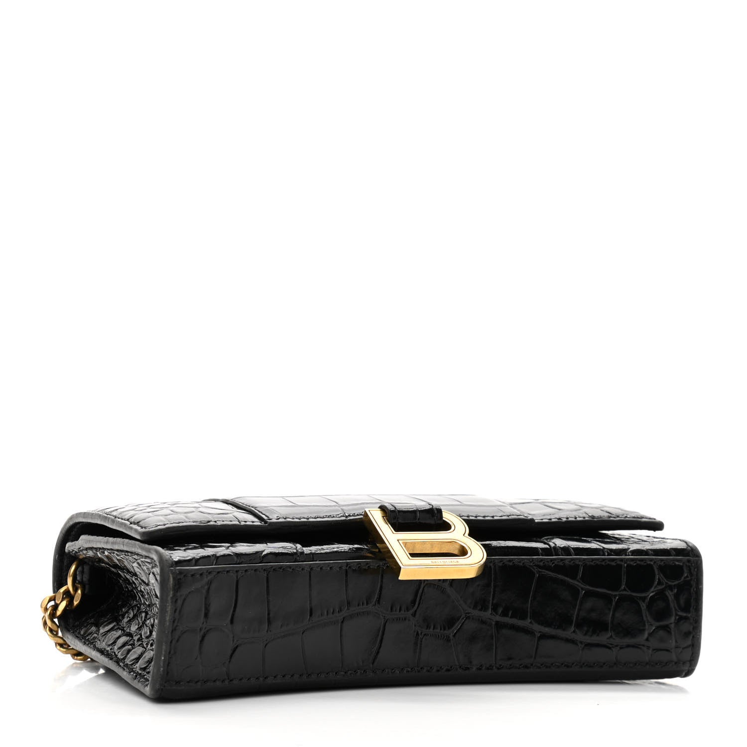 Balenciaga Shiny Calfskin Crocodile Embossed Hourglass Chain Bag Black 4 of 9