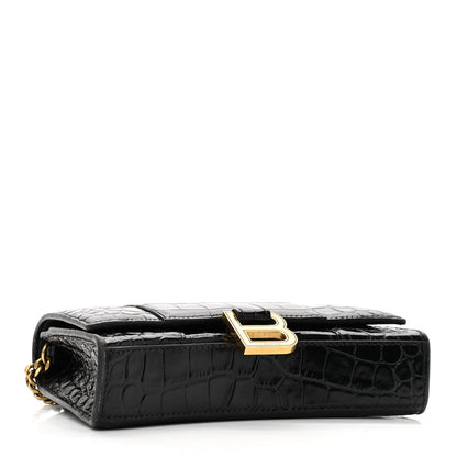 Balenciaga Shiny Calfskin Crocodile Embossed Hourglass Chain Bag Black 4 of 9