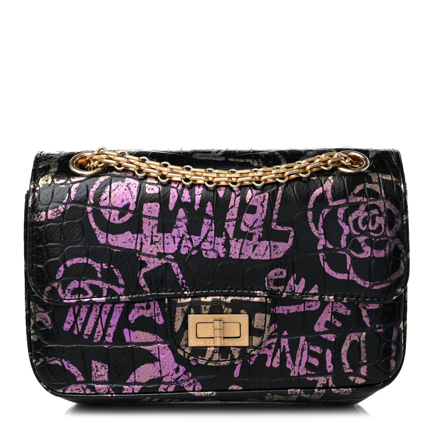 Calfskin Crocodile Embossed Graffiti 2.55 Mini Cocodile Reissue Flap Black Pink