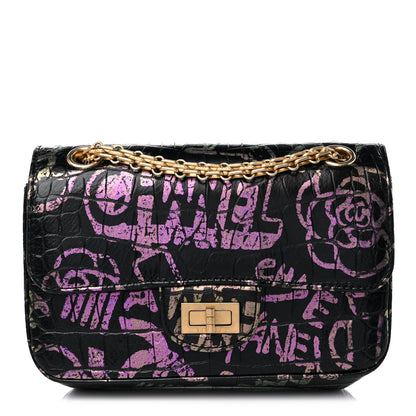 Chanel Calfskin Crocodile Embossed Graffiti 2.55 Mini Cocodile Reissue Flap Black Pink 1 of 9