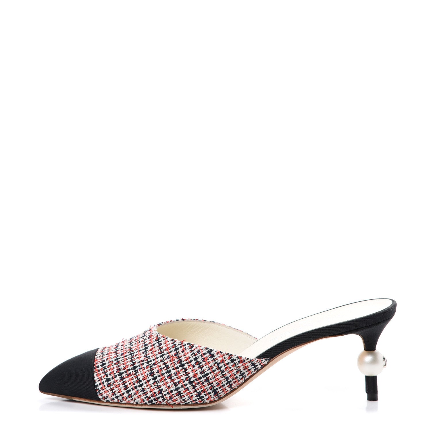 Chanel Tweed Grosgrain Pearl Cap Toe Mules 38 Black Red 1 of 11