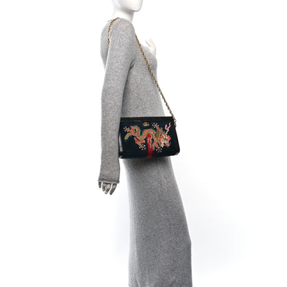 Gucci Suede Patent Web Dragon Embroidered Small Ophidia Chain Shoulder Bag Blue Black 2 of 10