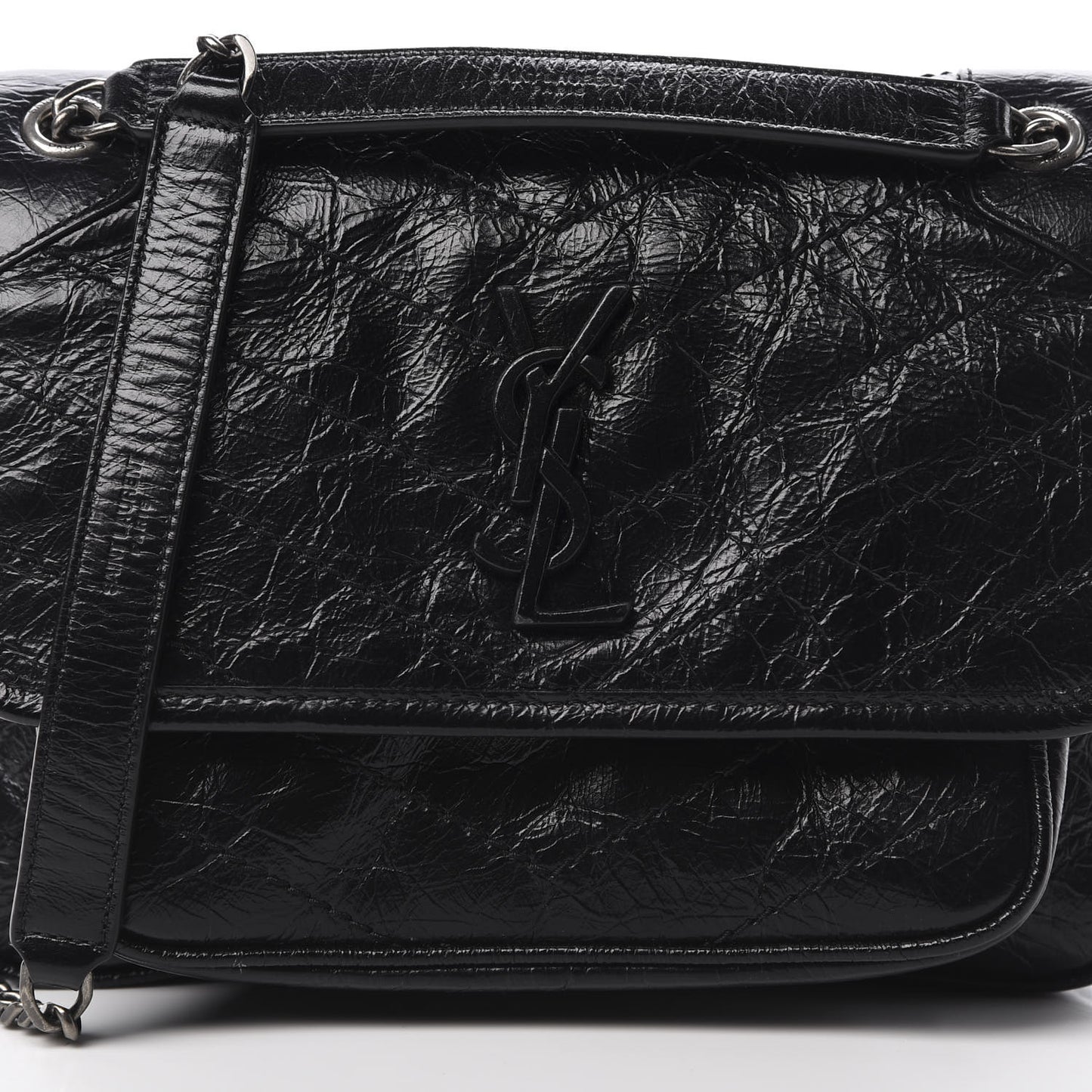 Crinkled Calfskin Matelasse Monogram Baby Niki Chain Satchel Black
