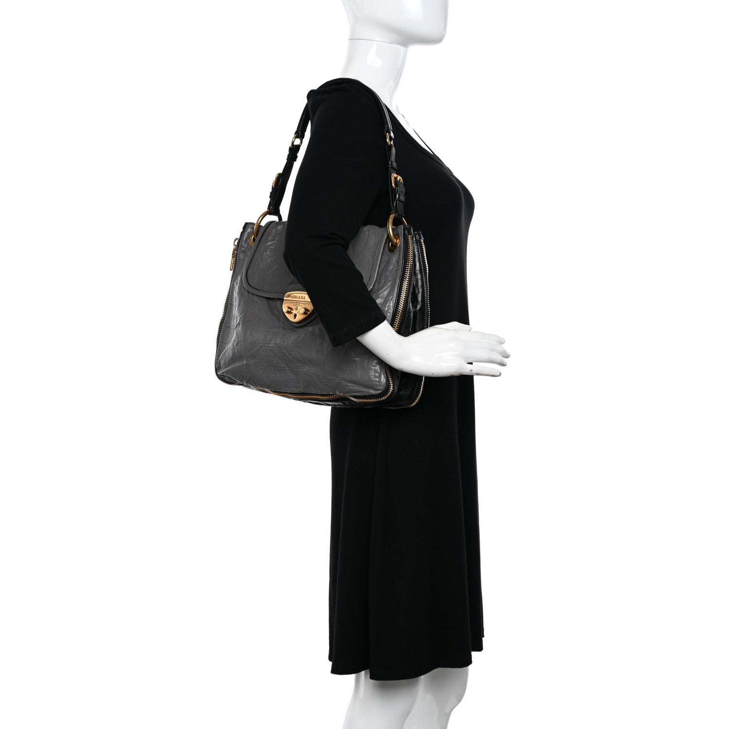 Prada Vitello Shine Pushlock Shoulder Bag Grey 2 of 11