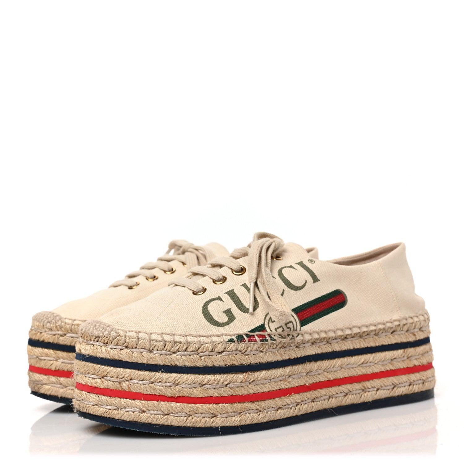 Gucci Canvas Logo Lace-Up Platform Espadrilles 38.5 Greggio Grege 3 of 10
