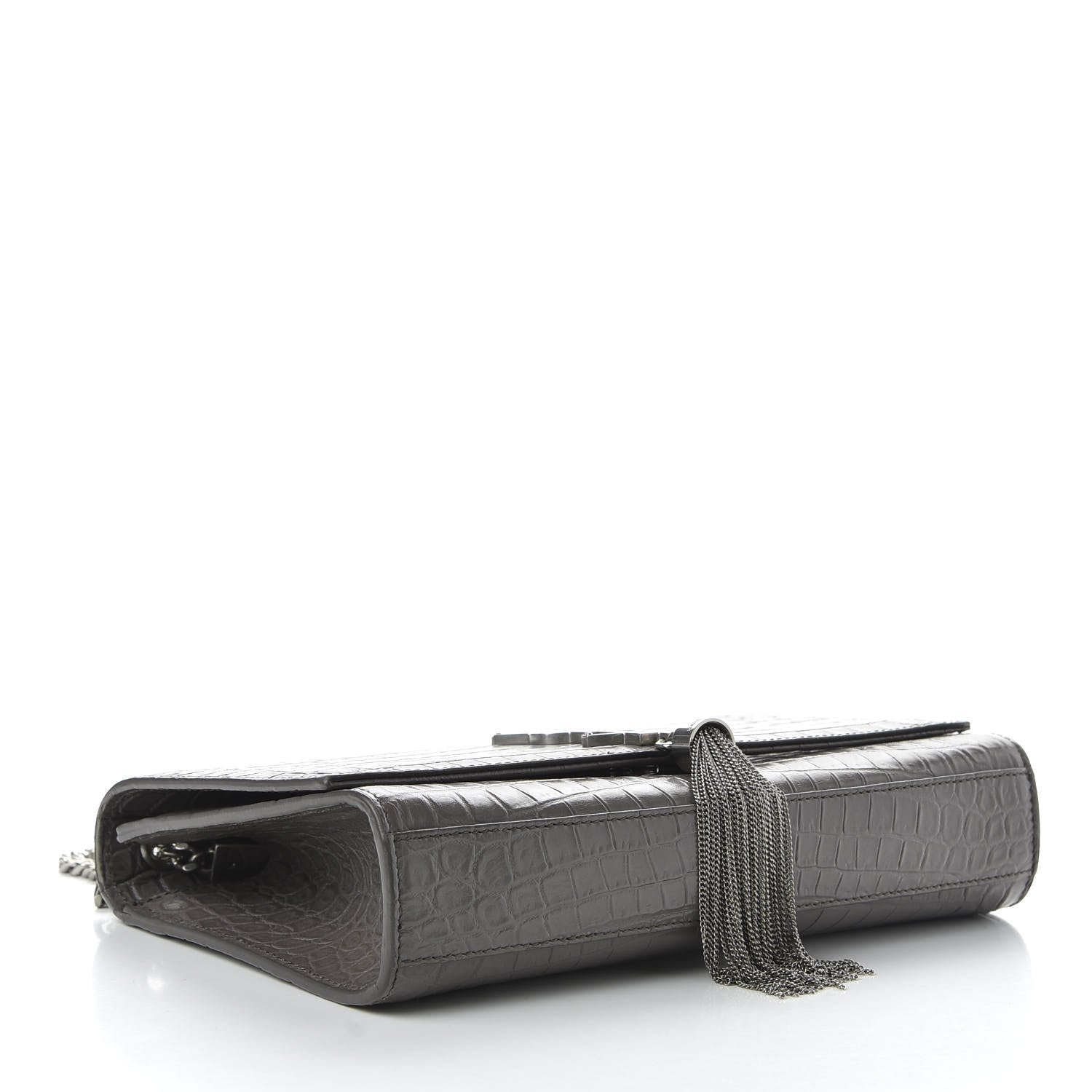 Saint Laurent Calfskin Crocodile Embossed Medium Classic Monogram Kate Tassel Satchel Fog 4 of 9