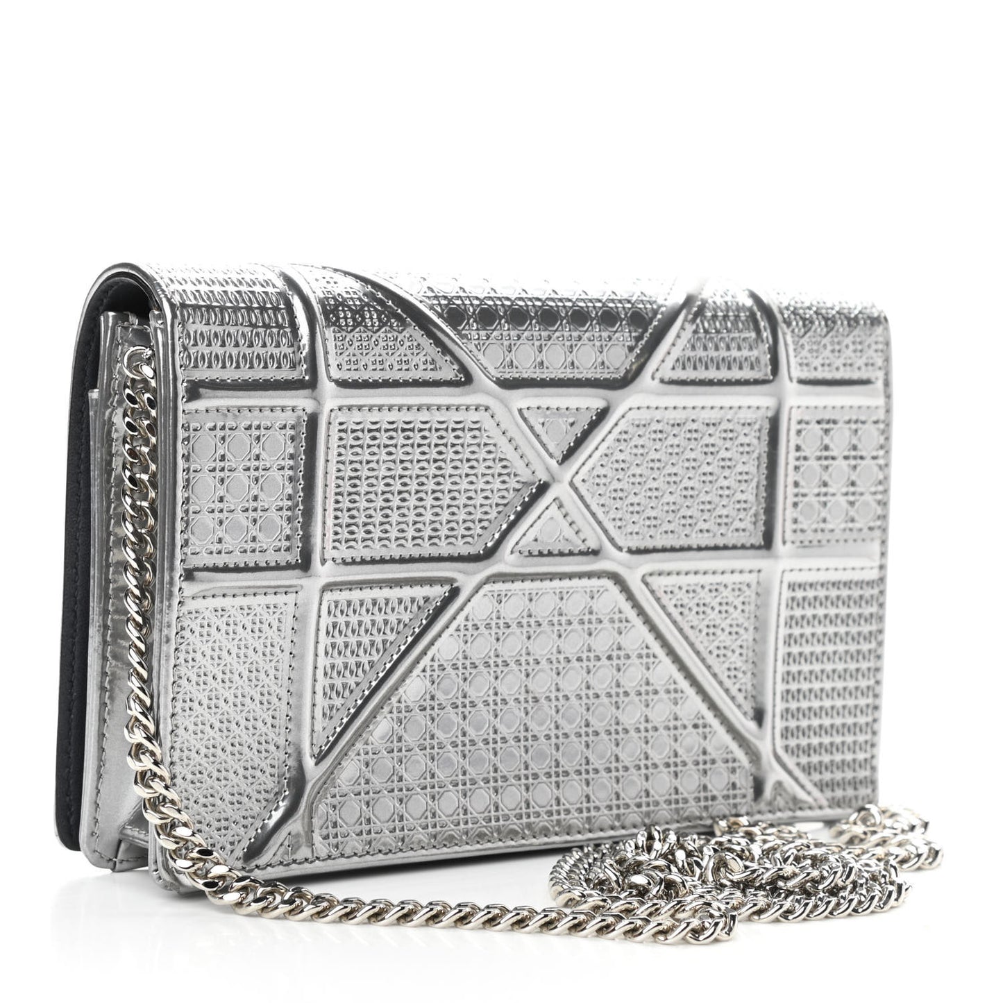 Metallic Patent Micro-Cannage Diorama Wallet on Chain Pouch Silver