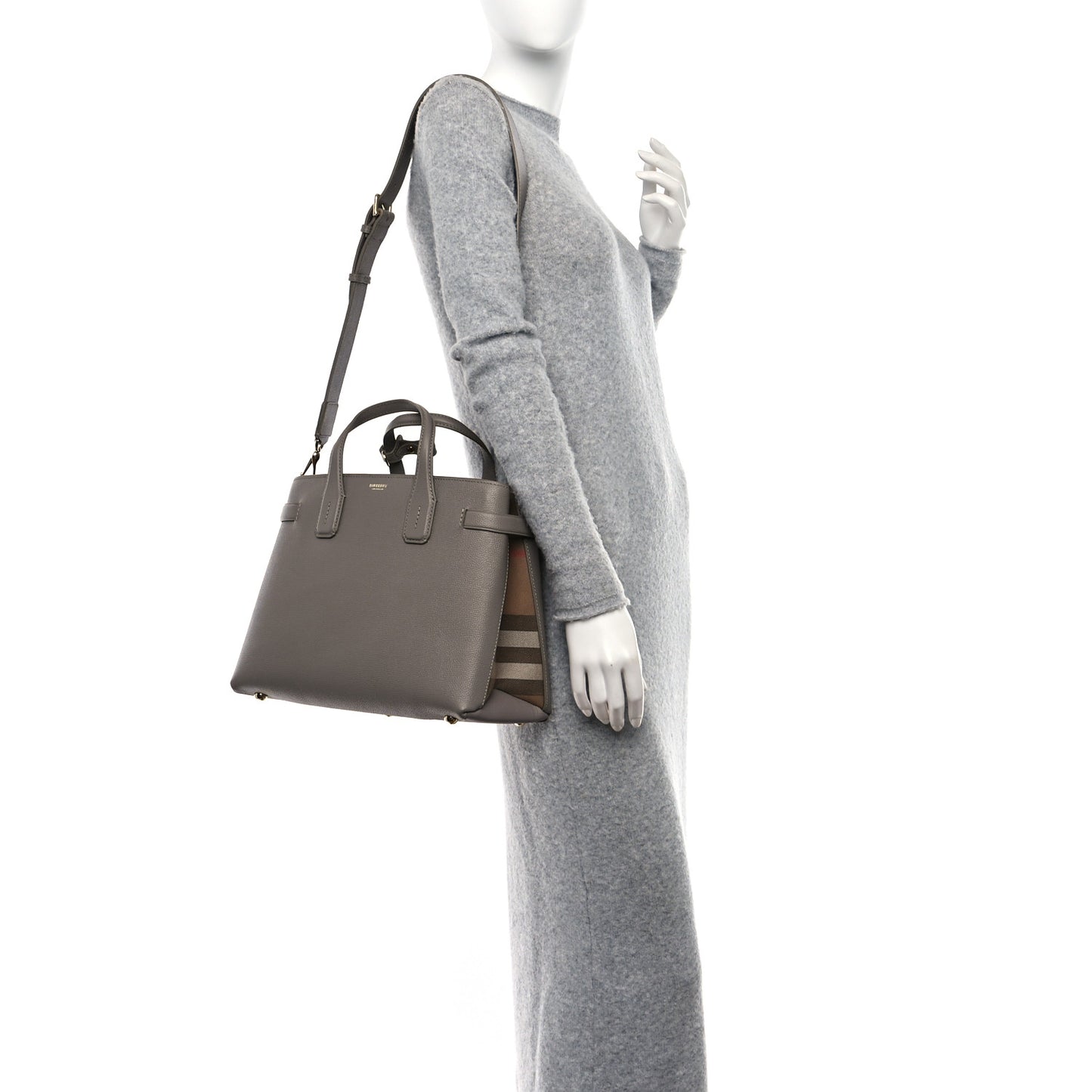 Grainy Calfskin House Check Medium Banner Tote Taupe Brown