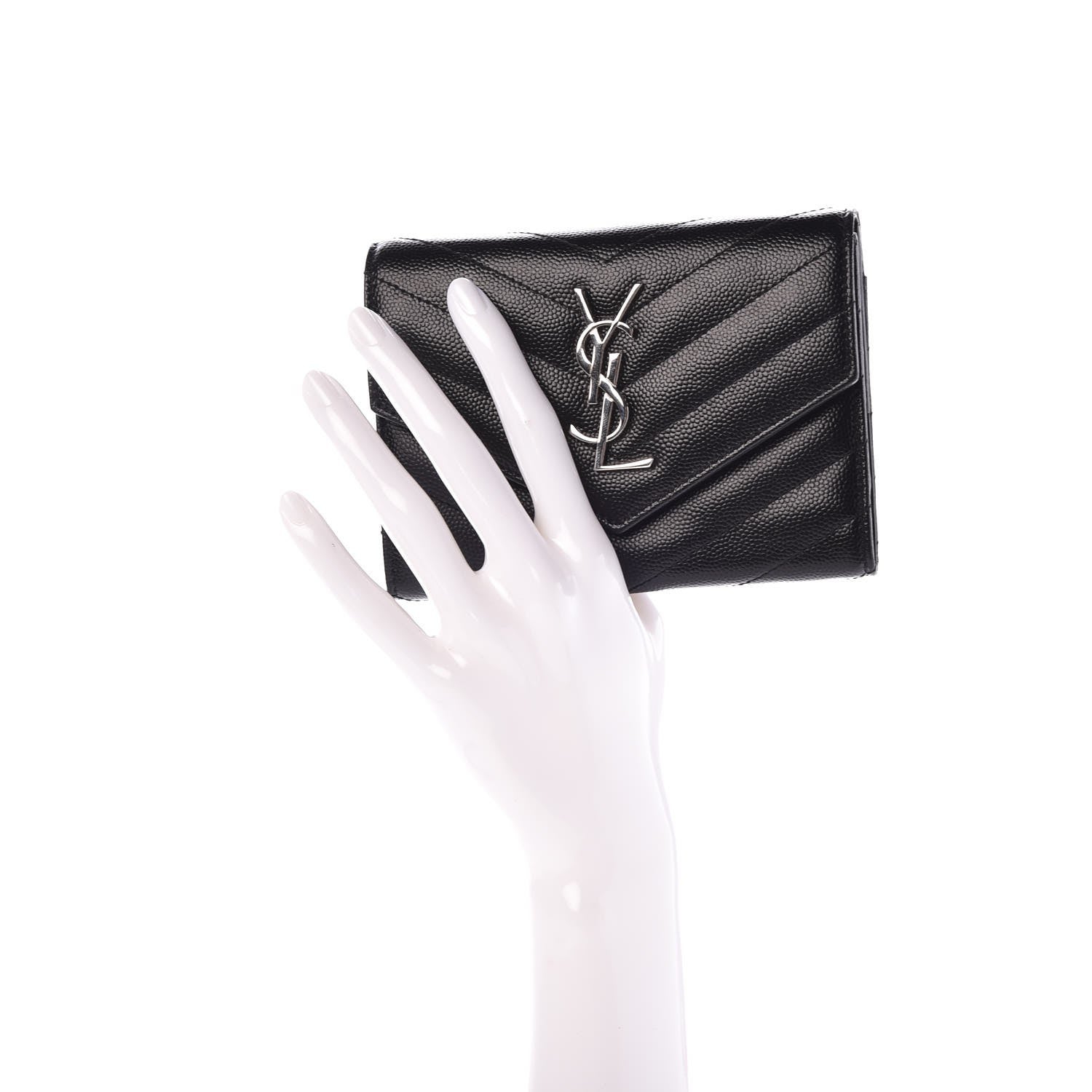 Saint Laurent Grain De Poudre Matelasse Chevron Small Monogram Passport Case Black 2 of 8