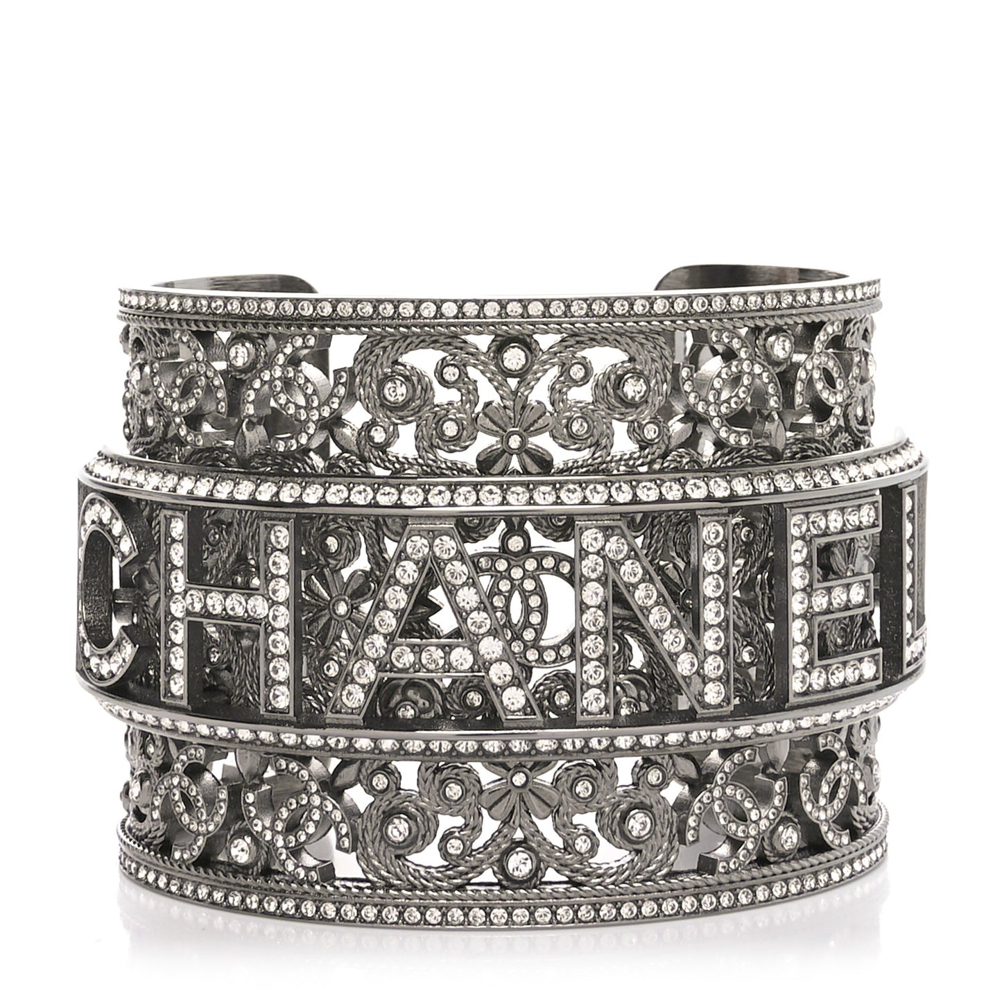 Metal Strass Logo Wide Cuff S Ruthenium Crystal