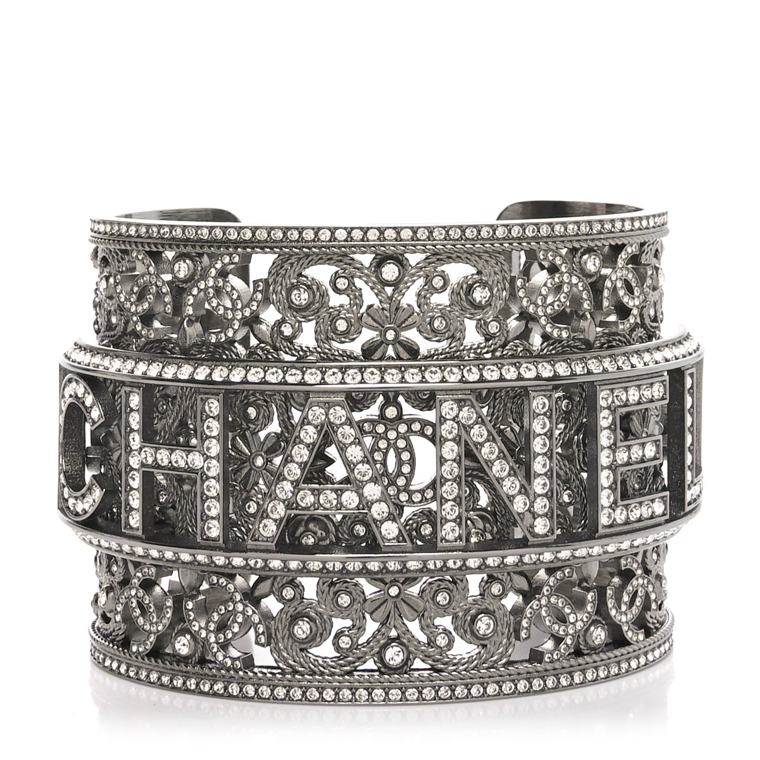 Chanel Metal Strass Logo Wide Cuff S Ruthenium Crystal 1 of 5