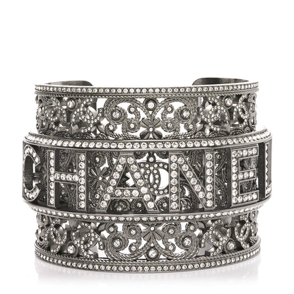 Chanel Metal Strass Logo Wide Cuff S Ruthenium Crystal 1 of 5