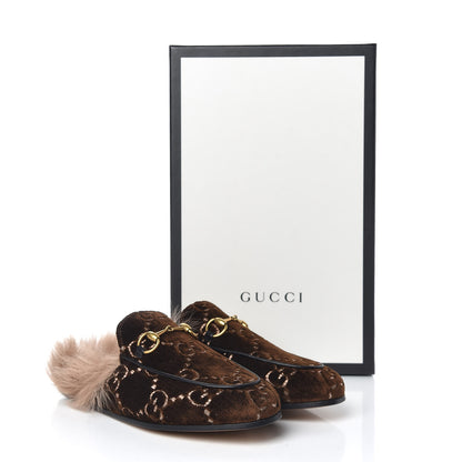 Gucci Velvet GG Monogram Fur Womens Princetown Slippers 35.5 Brown Black Natural 8 of 8