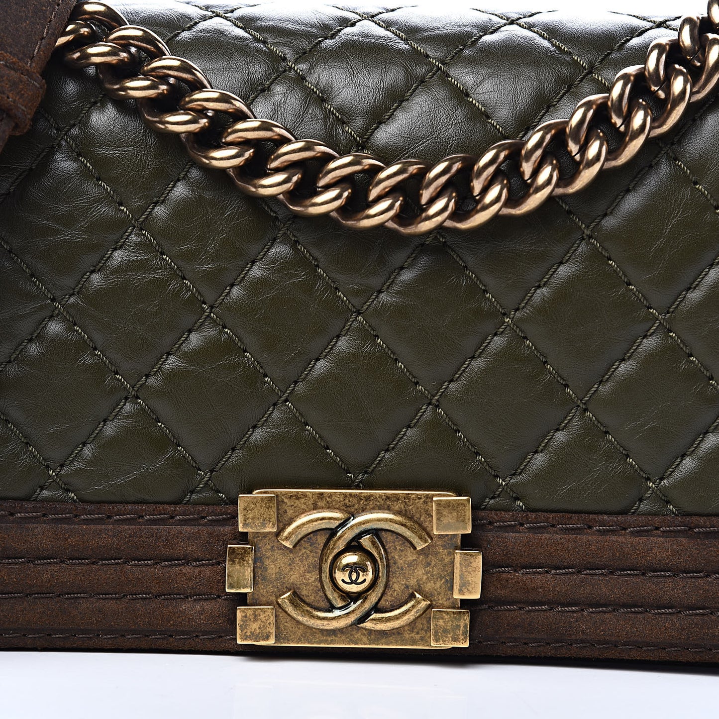 Aged Calfskin Nubuck Quilted Medium Boy Flap Brown Green