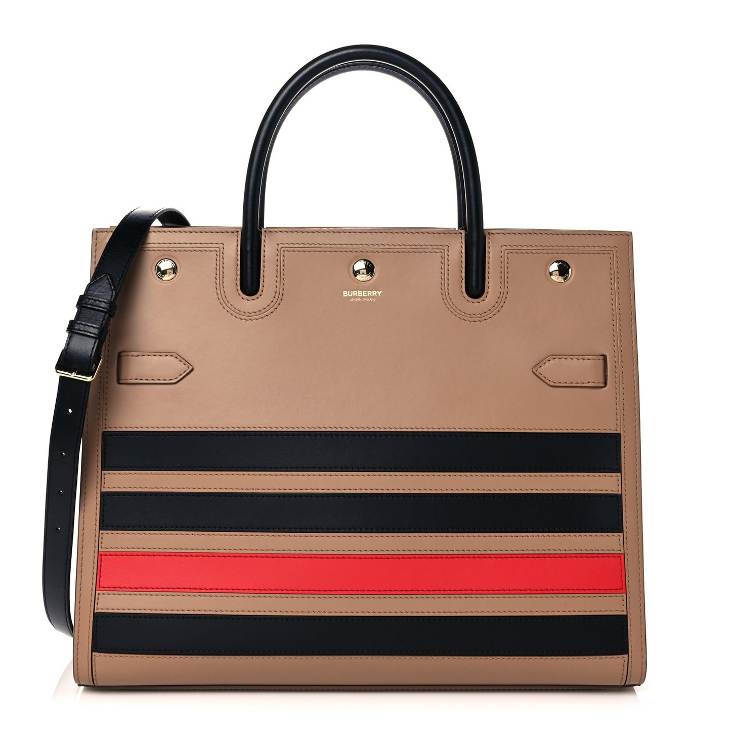 Smooth Calfskin Stripe Medium Two Handle Title Bag Camel Black Red