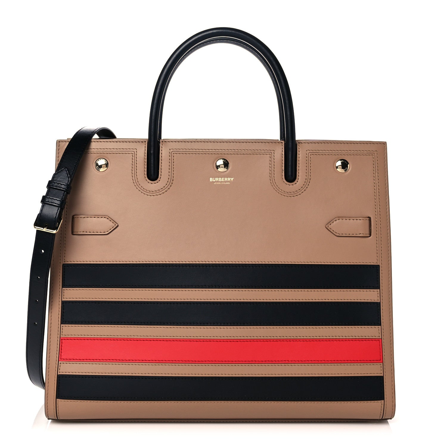 Burberry Smooth Calfskin Stripe Medium Two Handle Title Bag Camel Black Red 1 of 12