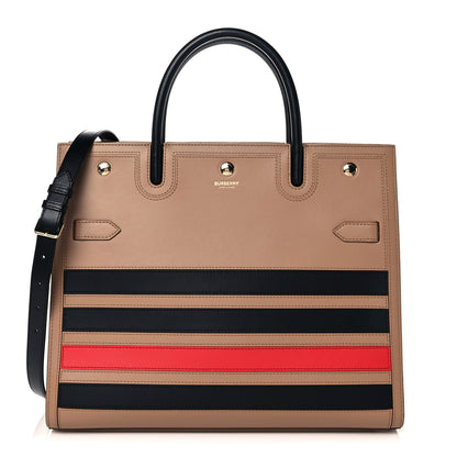 Burberry Smooth Calfskin Stripe Medium Two Handle Title Bag Camel Black Red 1 of 12