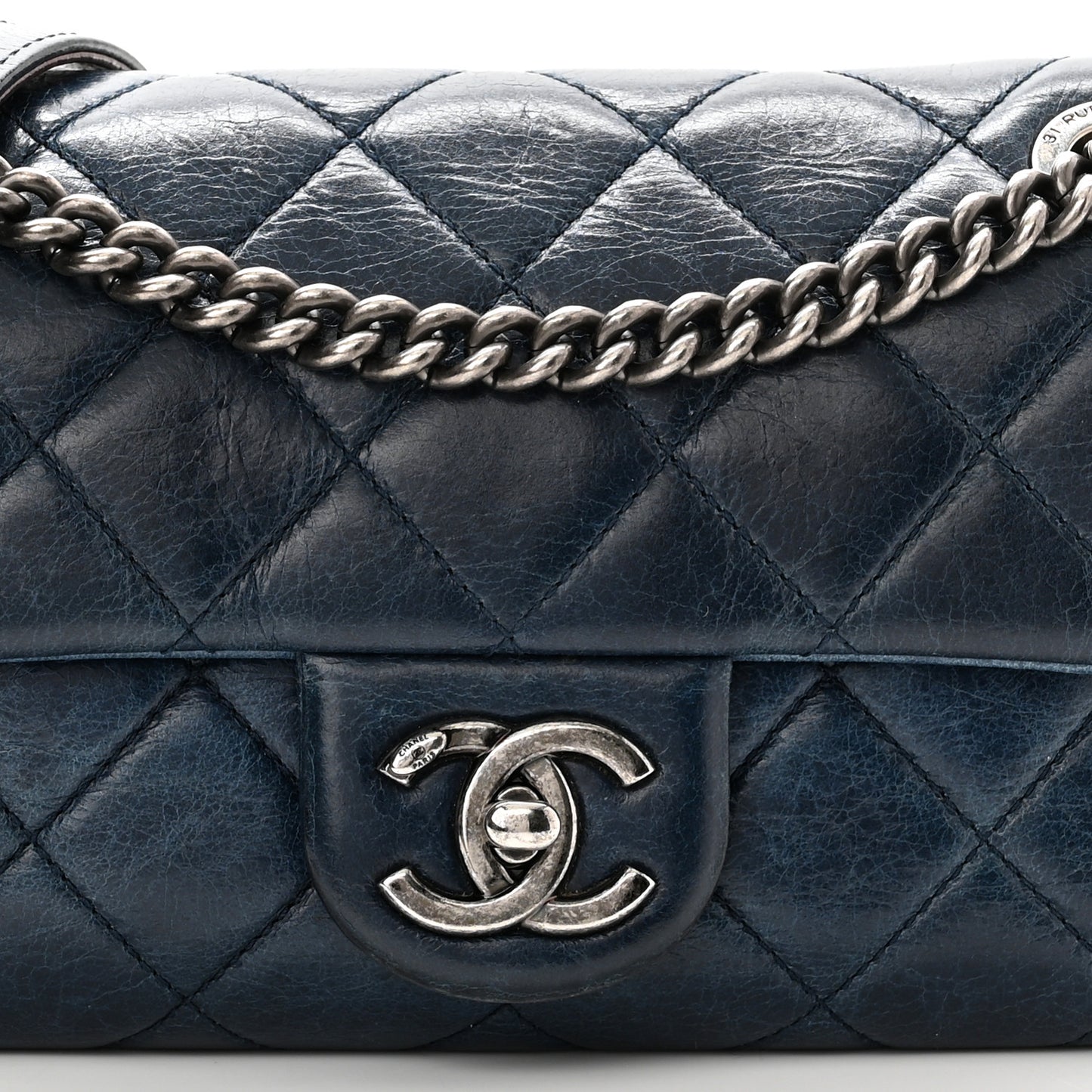 Glazed Calfskin Quilted Small Duo Color Flap Blue