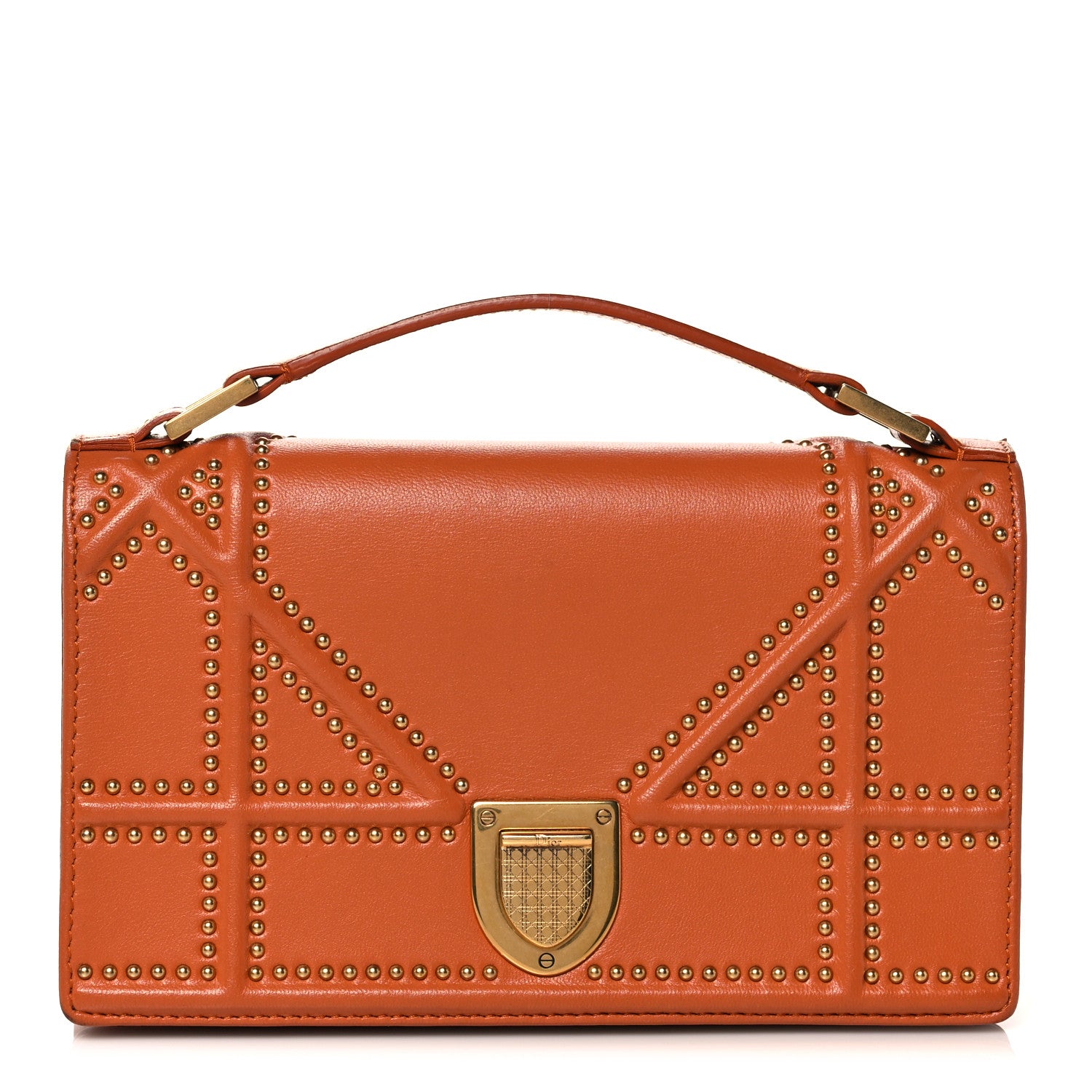 Christian Dior Calfskin Studded Diorama Top Handle Wallet on Chain Pouch Orange 1 of 17