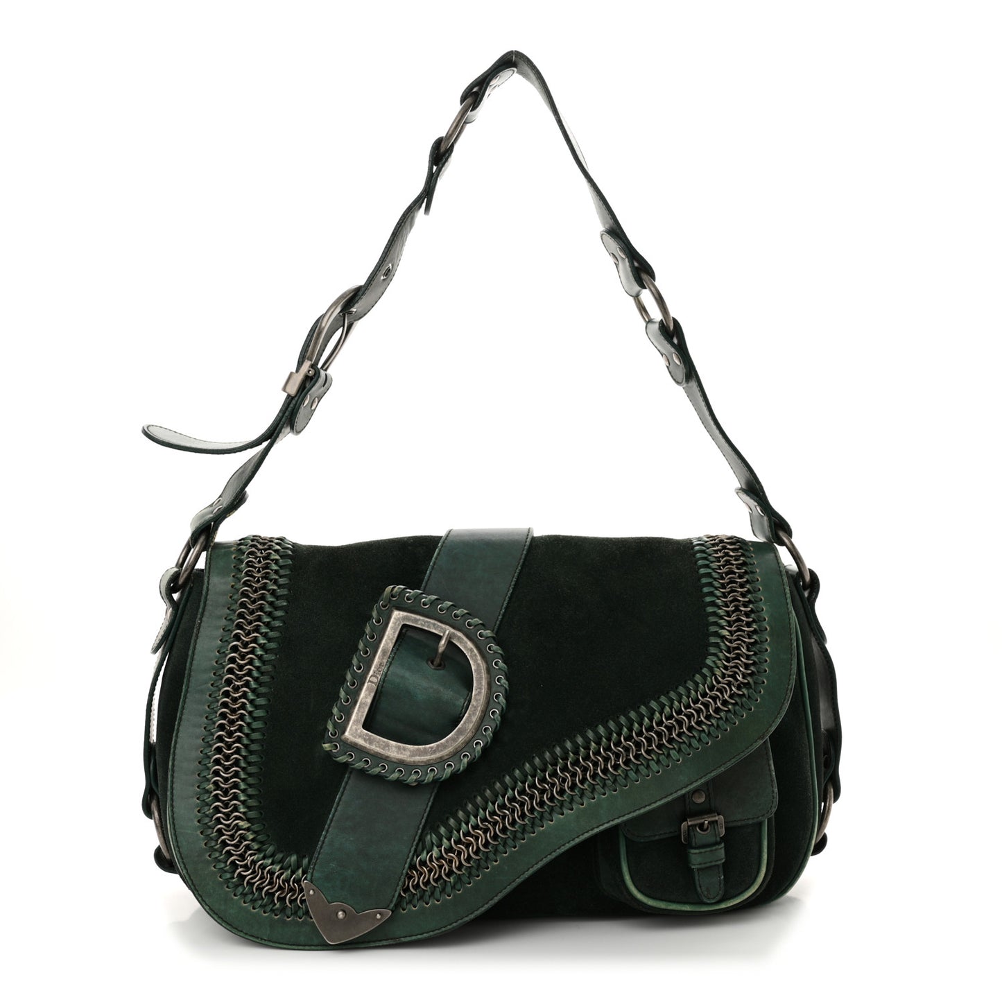 Suede Calfskin Medium Gaucho Double Saddle Green