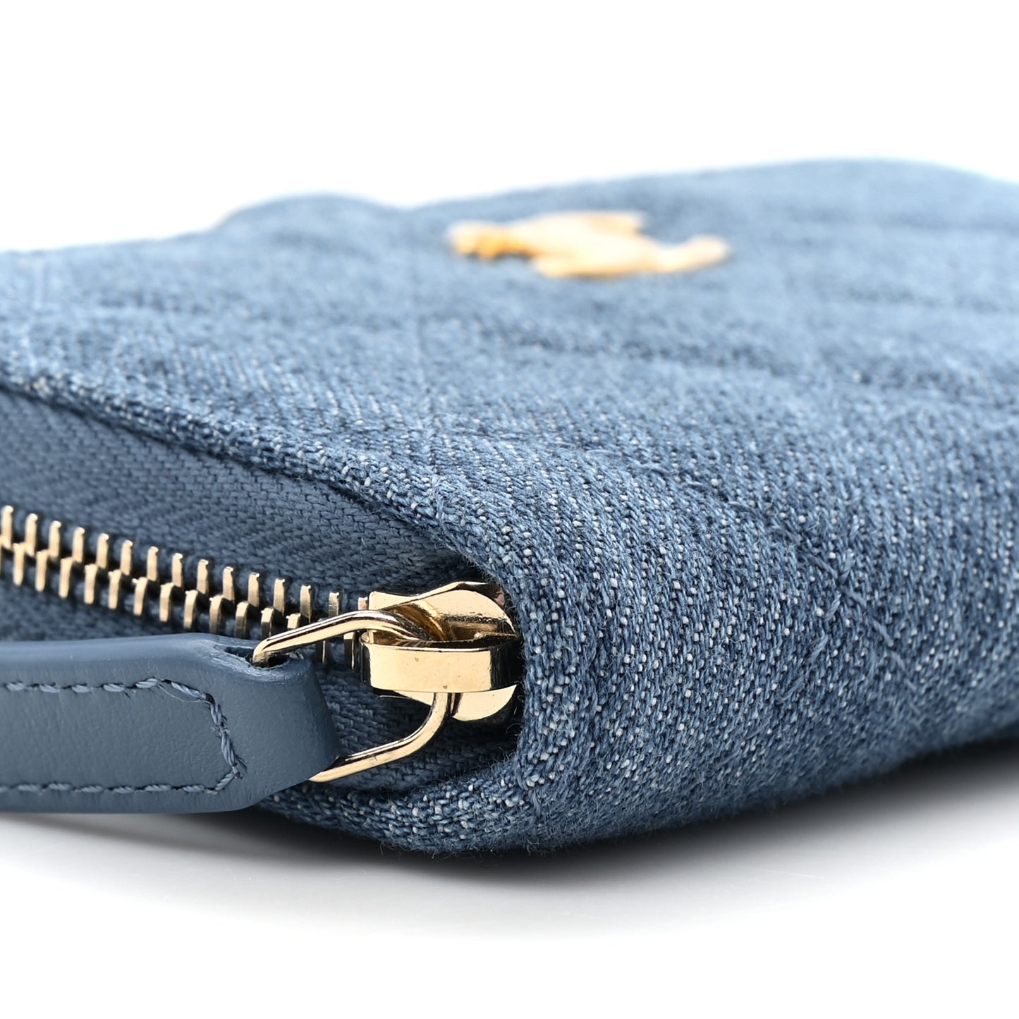 Denim Quilted CC Pearl Crush Zip Card Holder On Chain Blue