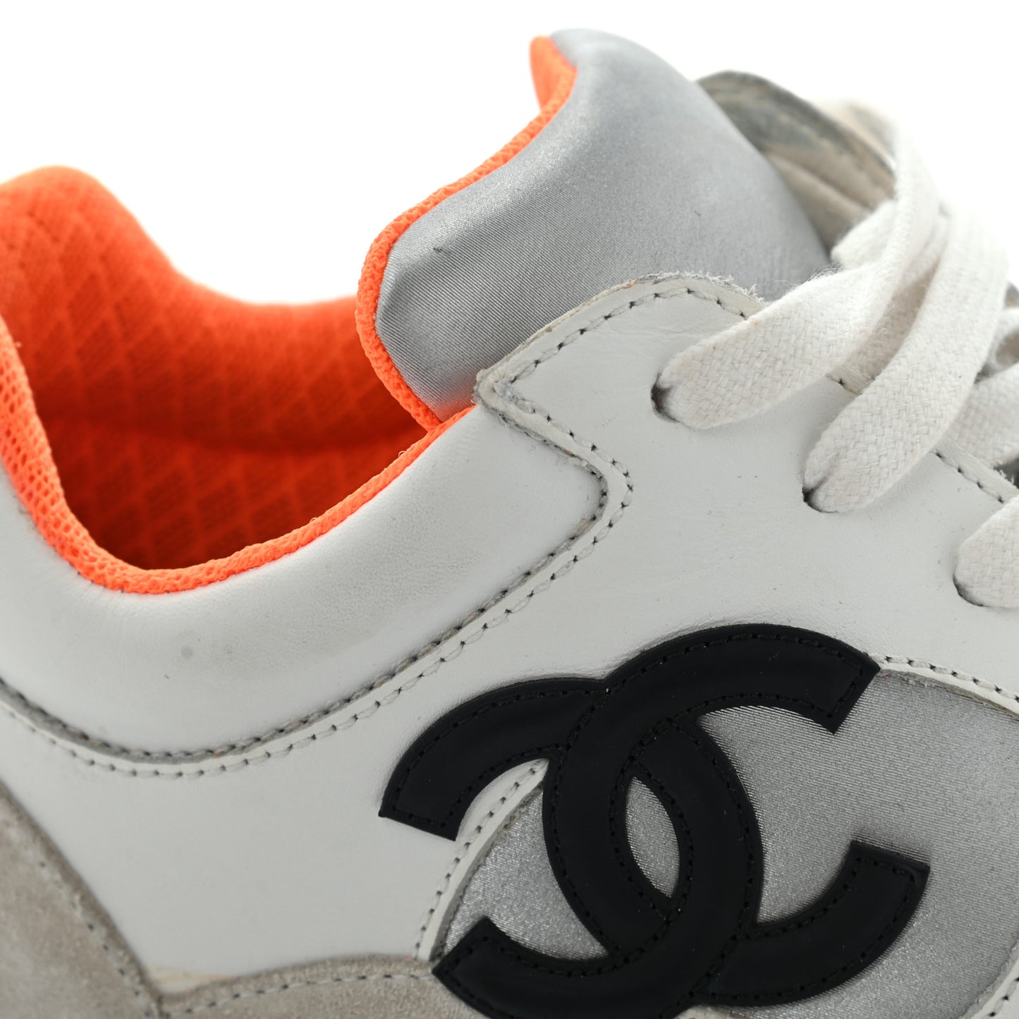 Nylon Calfskin Suede CC Womens Sneakers 37 White Orange