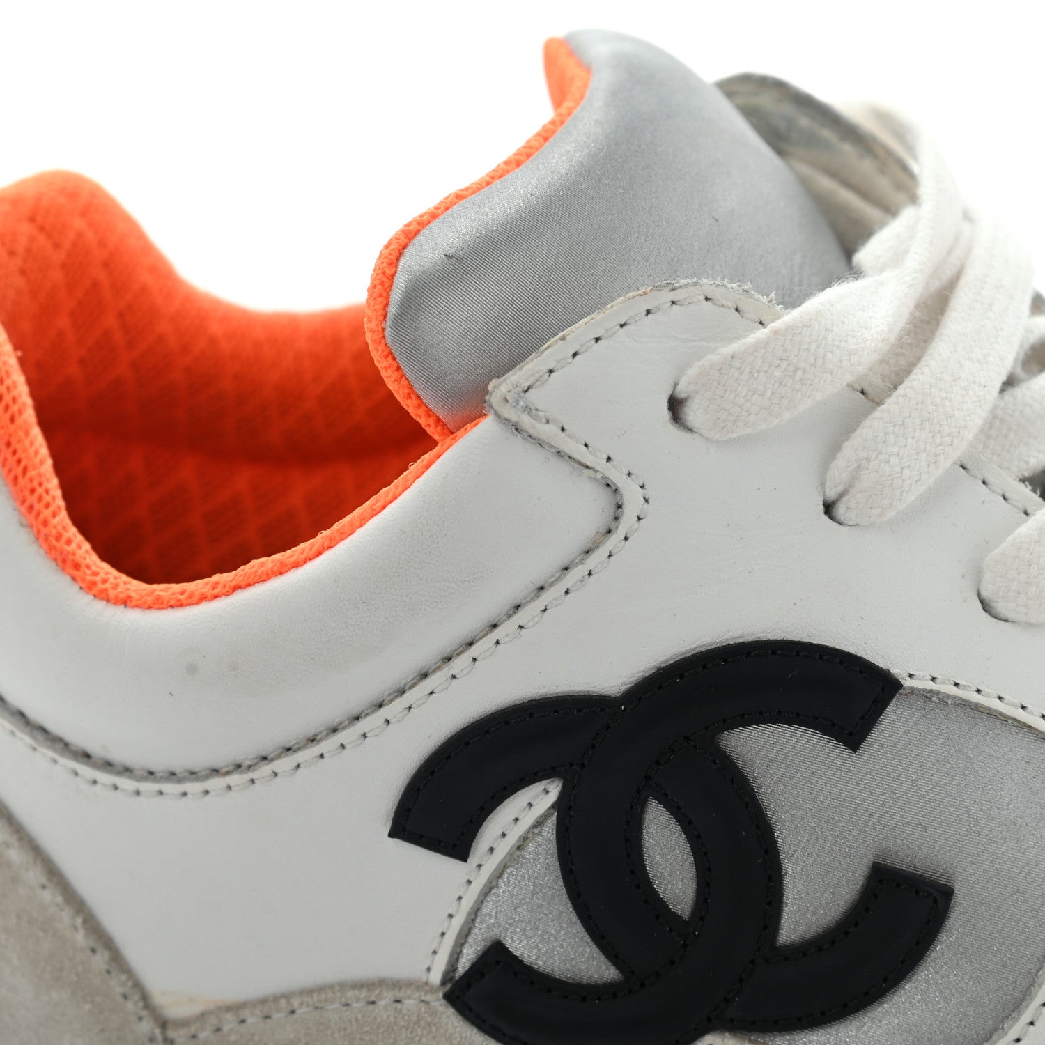 Chanel Nylon Calfskin Suede CC Womens Sneakers 37 White Orange 10 of 25
