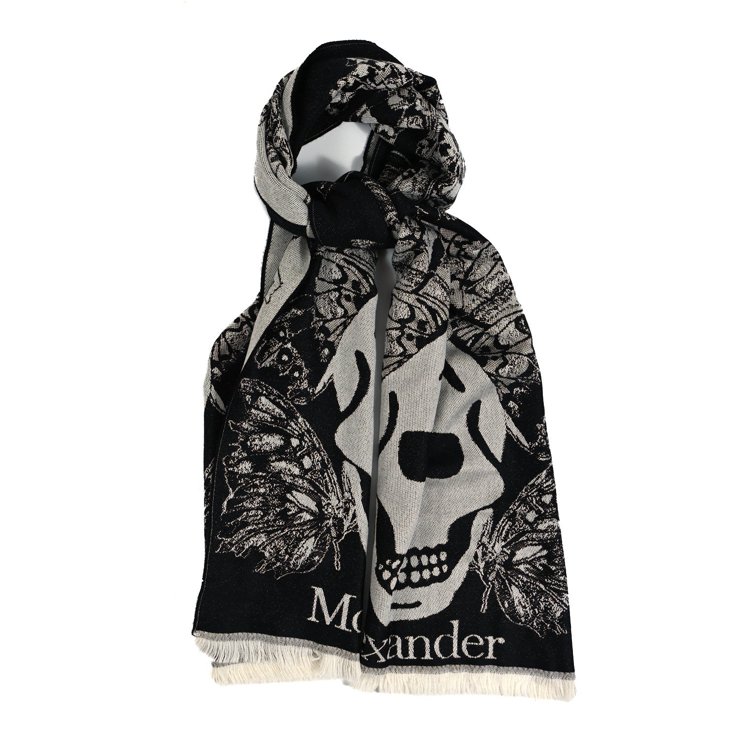 Alexander McQueen Wool Butterflies Skulls Scarf Black White 1 of 4