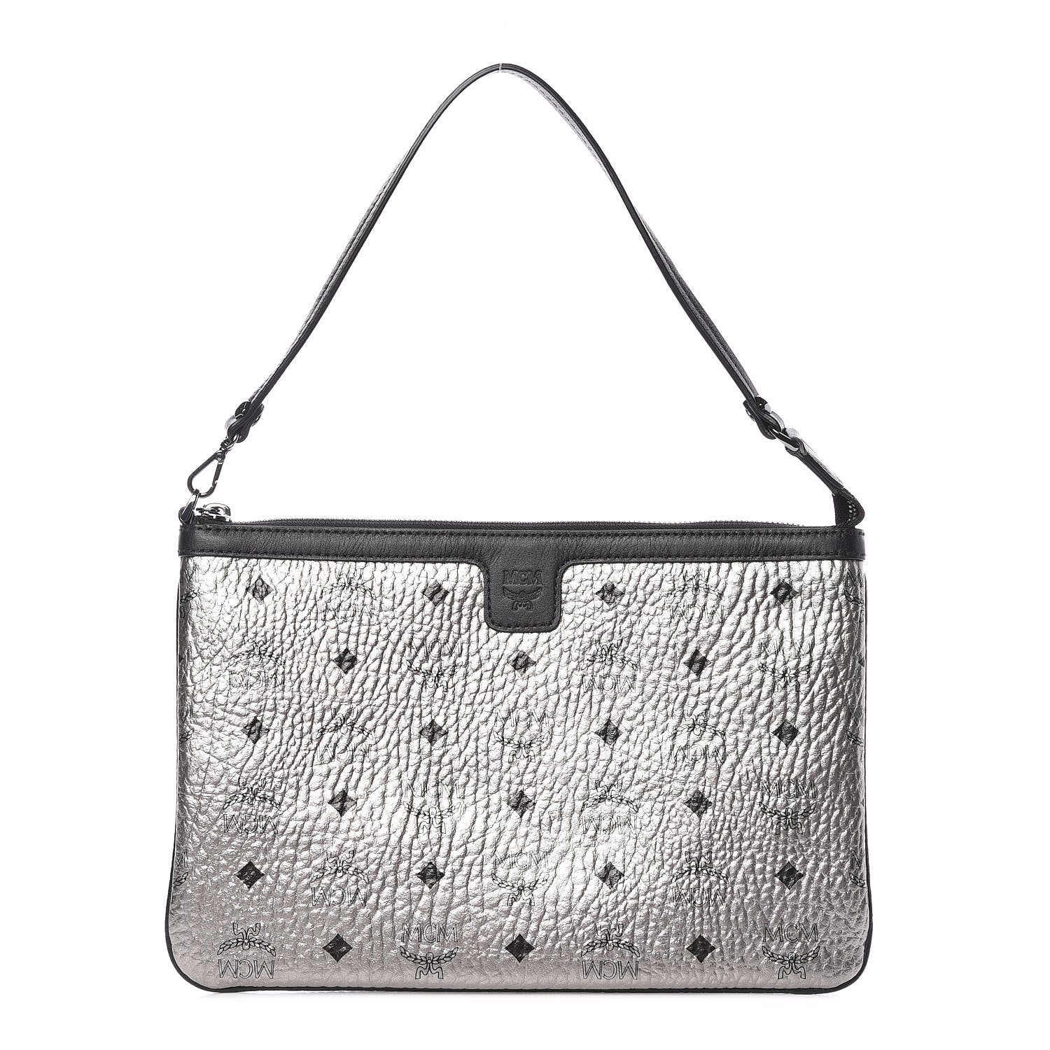 MCM Metallic Visetos Liz Shopper Tote Pouch Silver Black 1 of 10