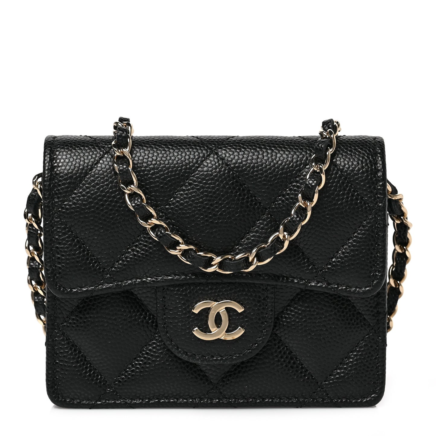 Caviar Quilted Flap Card Holder On Chain Black
