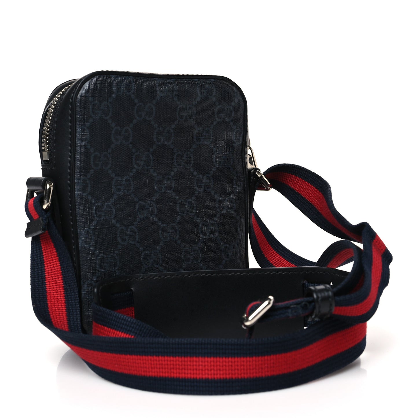 GG Supreme Monogram Appia Calfskin Web Small Camera Messenger Bag Black Grey Black Grey