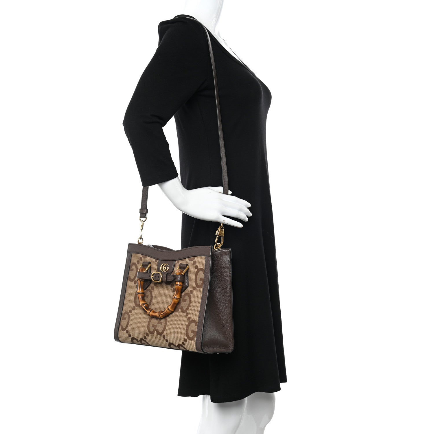Gucci Monogram Jumbo GG Textured Dollar Calfskin Small Diana Tote Bag Camel Ebony New Acero 2 of 12