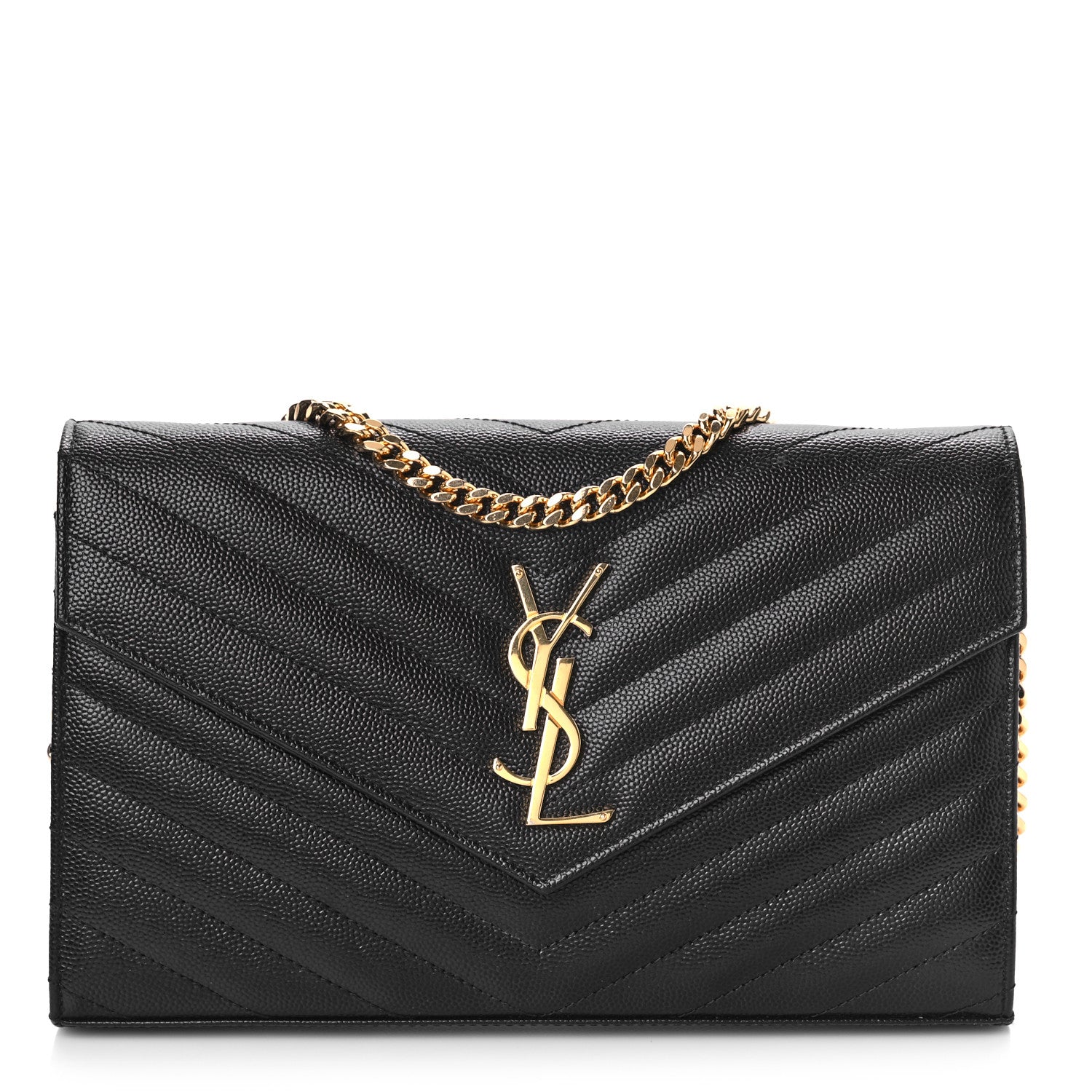 Saint Laurent Grain De Poudre Matelasse Chevron Monogram Chain Wallet Black 1 of 8