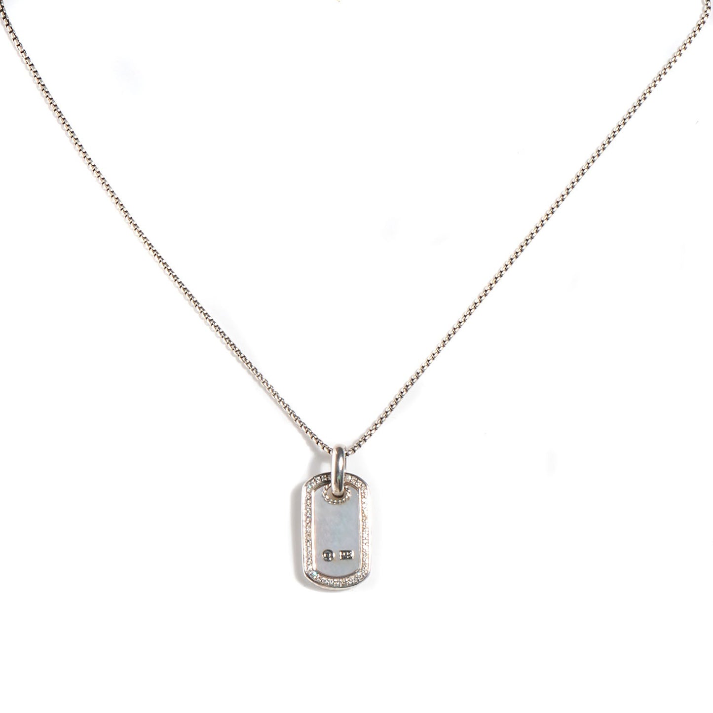 Sterling Silver Mother Of Pearl Diamond Small Dog Tag Necklace