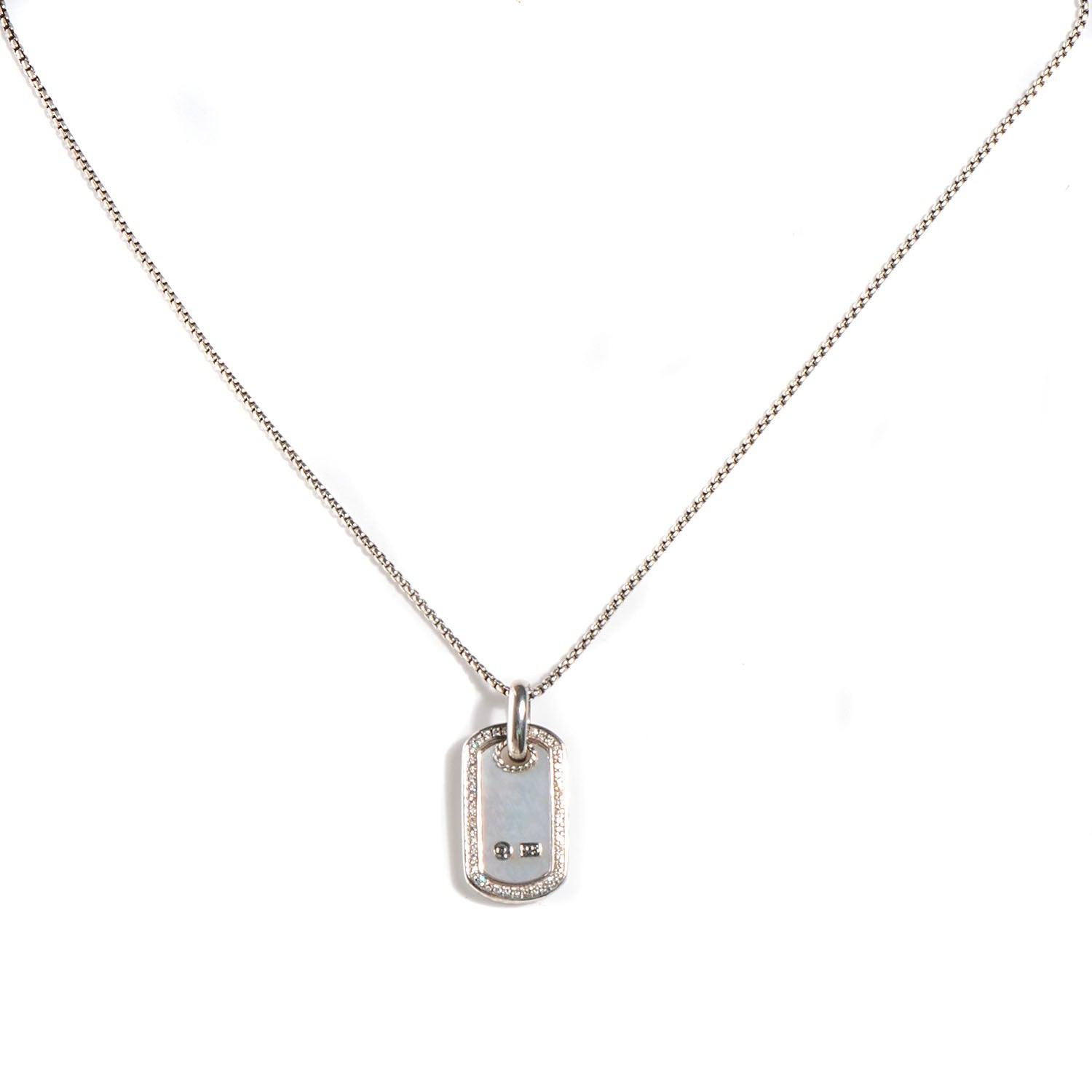 David Yurman Sterling Silver Mother Of Pearl Diamond Small Dog Tag Necklace 1 of 6