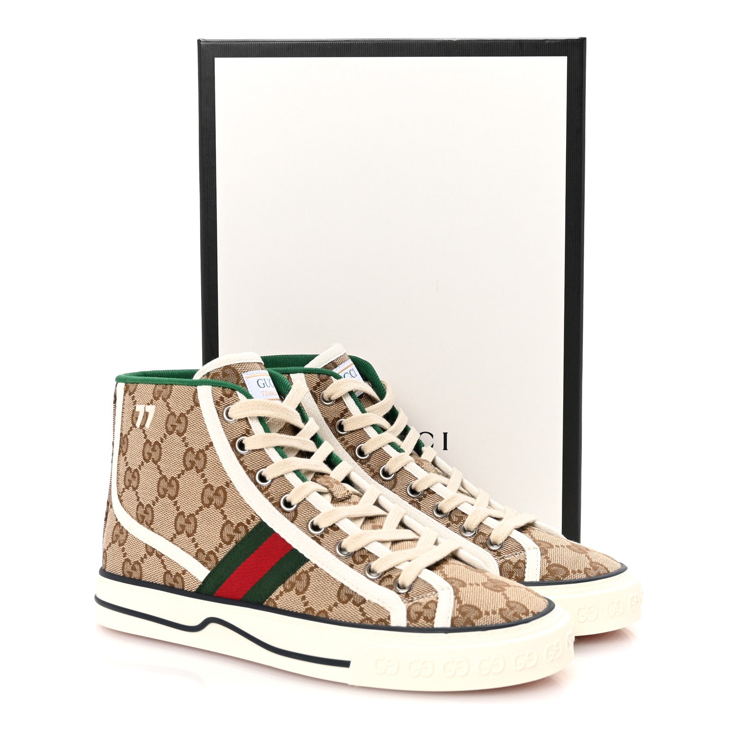 Gucci GG Monogram Web Womens 1977 Tennis High Top Sneakers 37 Beige Ebony Mystic White 9 of 9