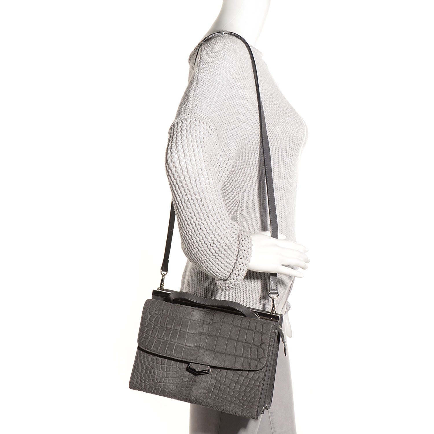 Fendi Calf Hair Crocodile Printed Demi Jour Shoulder Bag Grey 2 of 11