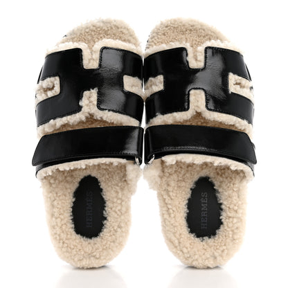 Hermes Glazed Nappa Woolskin Womens Chypre Sandals 36 Black Ecru 2 of 10