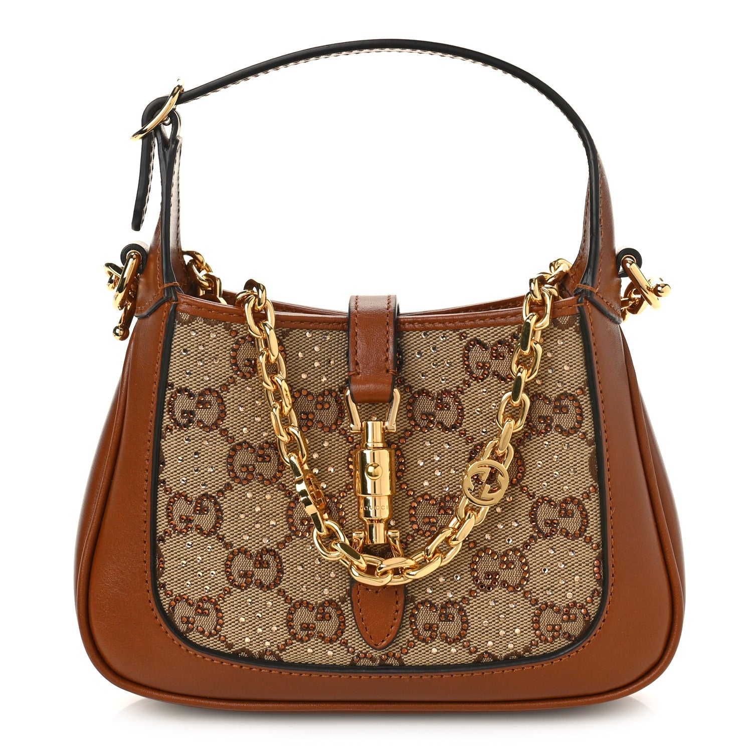 Gucci New Canvas Charisma Calfskin Crystal GG Monogram Mini Jackie 1961 Hobo Camel Ebony 1 of 8