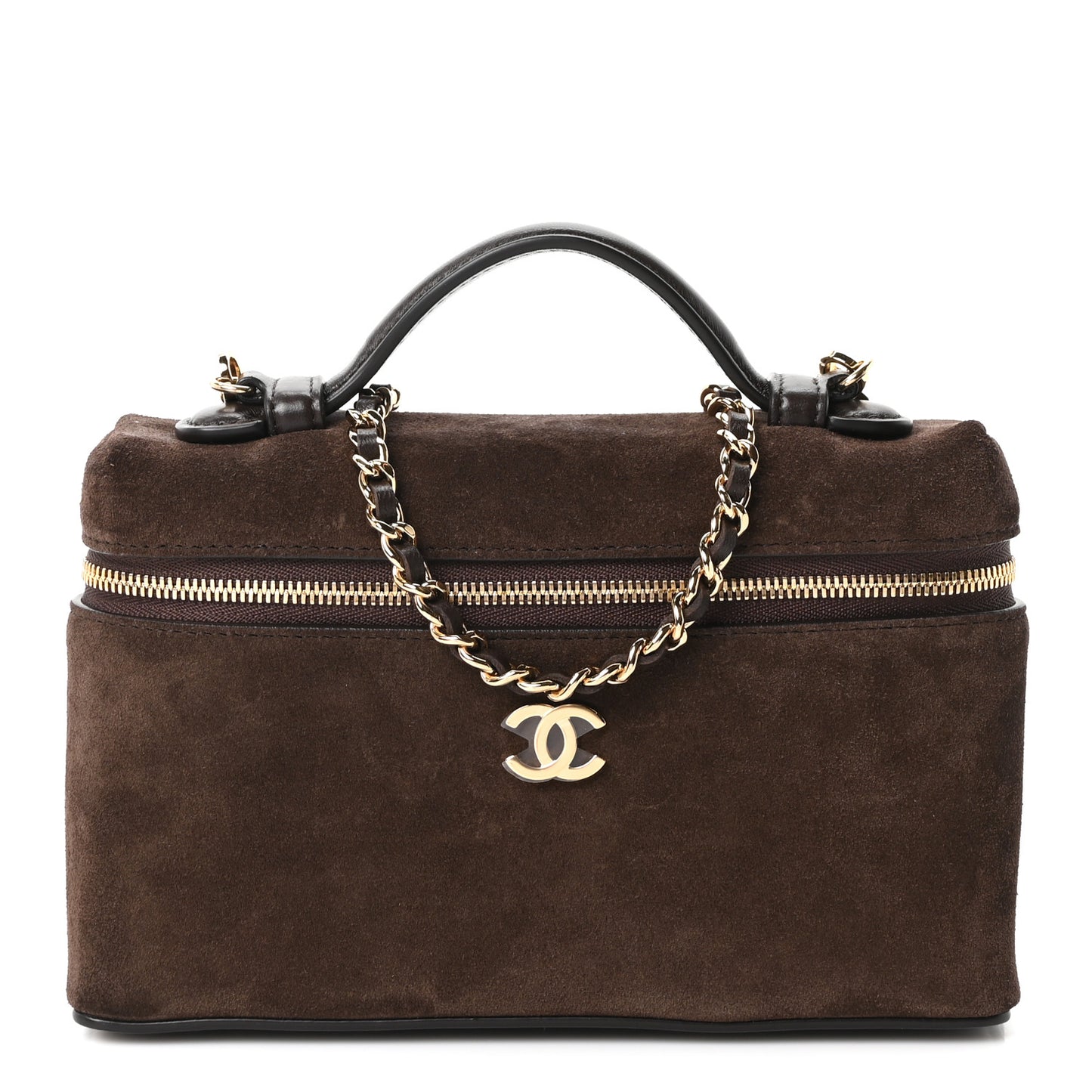 Suede Calfskin Top Handle Trapeze Small Vanity Case With Chain Dark Brown