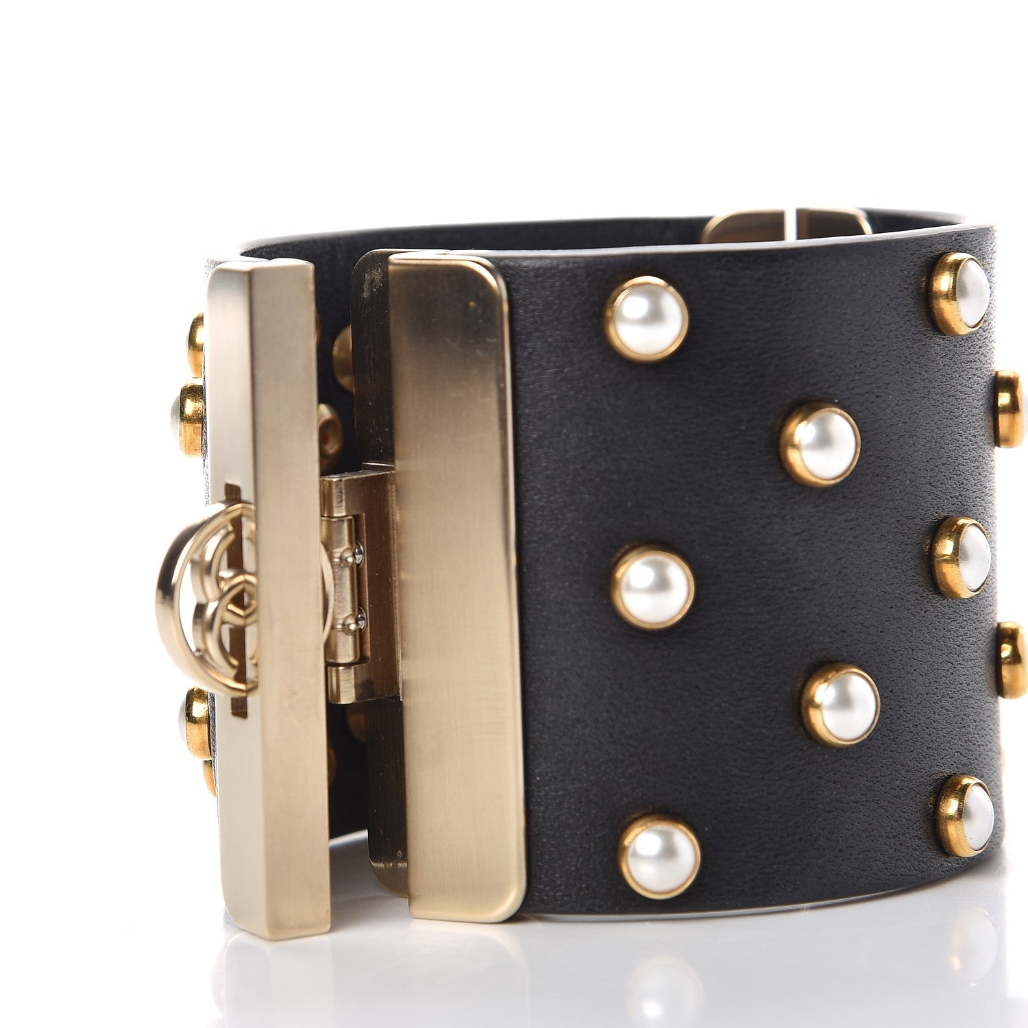 Chanel Lambskin Calfskin Pearl CC Cuff Bracelet Black Gold 5 of 7