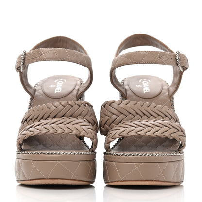 Chanel Calfskin Quilted Chain Around Wedge Sandals 38 Light Beige 2 of 4