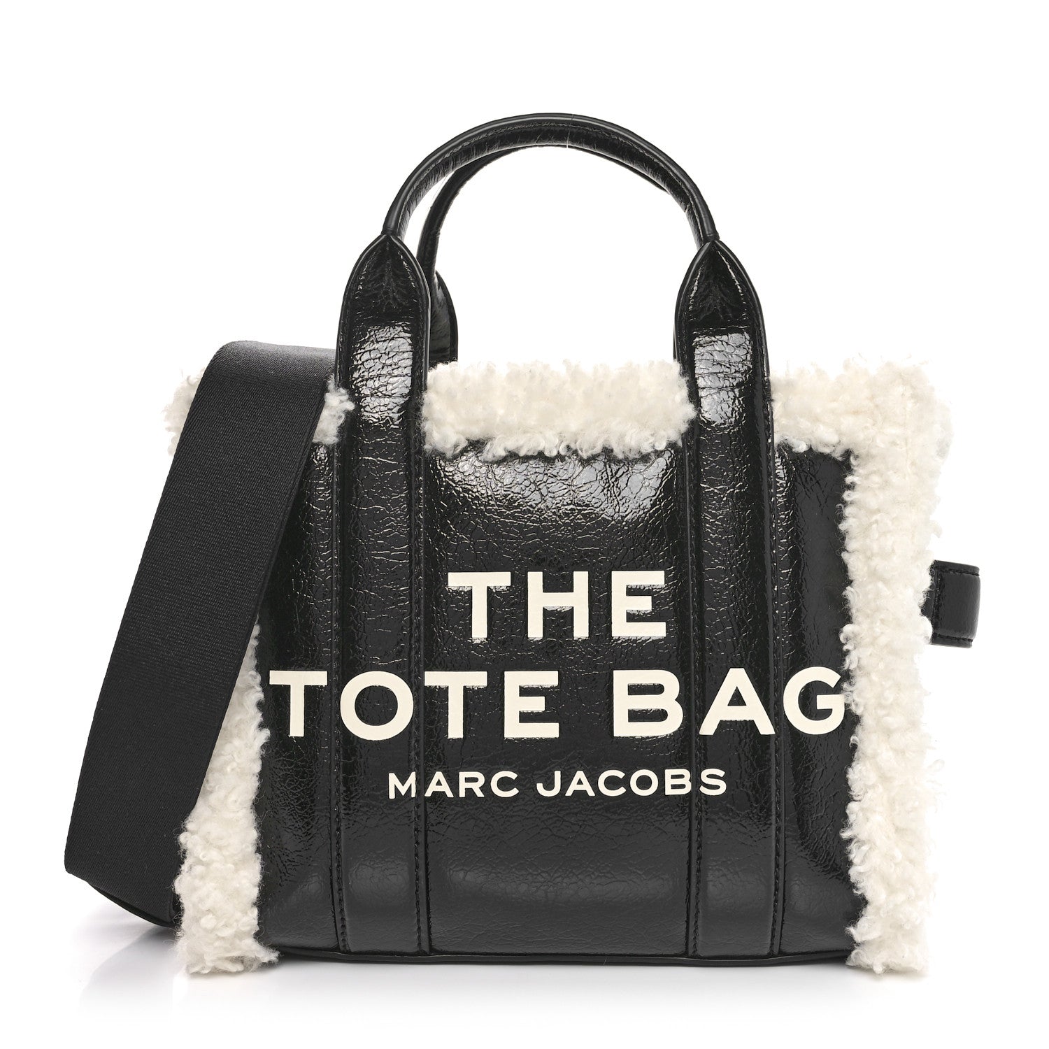 Marc Jacobs Shiny Calfskin Faux Shearling Mini The Traveler Tote Bag Black 1 of 9