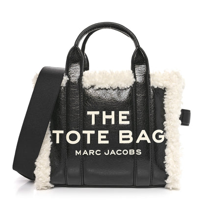 Marc Jacobs Shiny Calfskin Faux Shearling Mini The Traveler Tote Bag Black 1 of 9