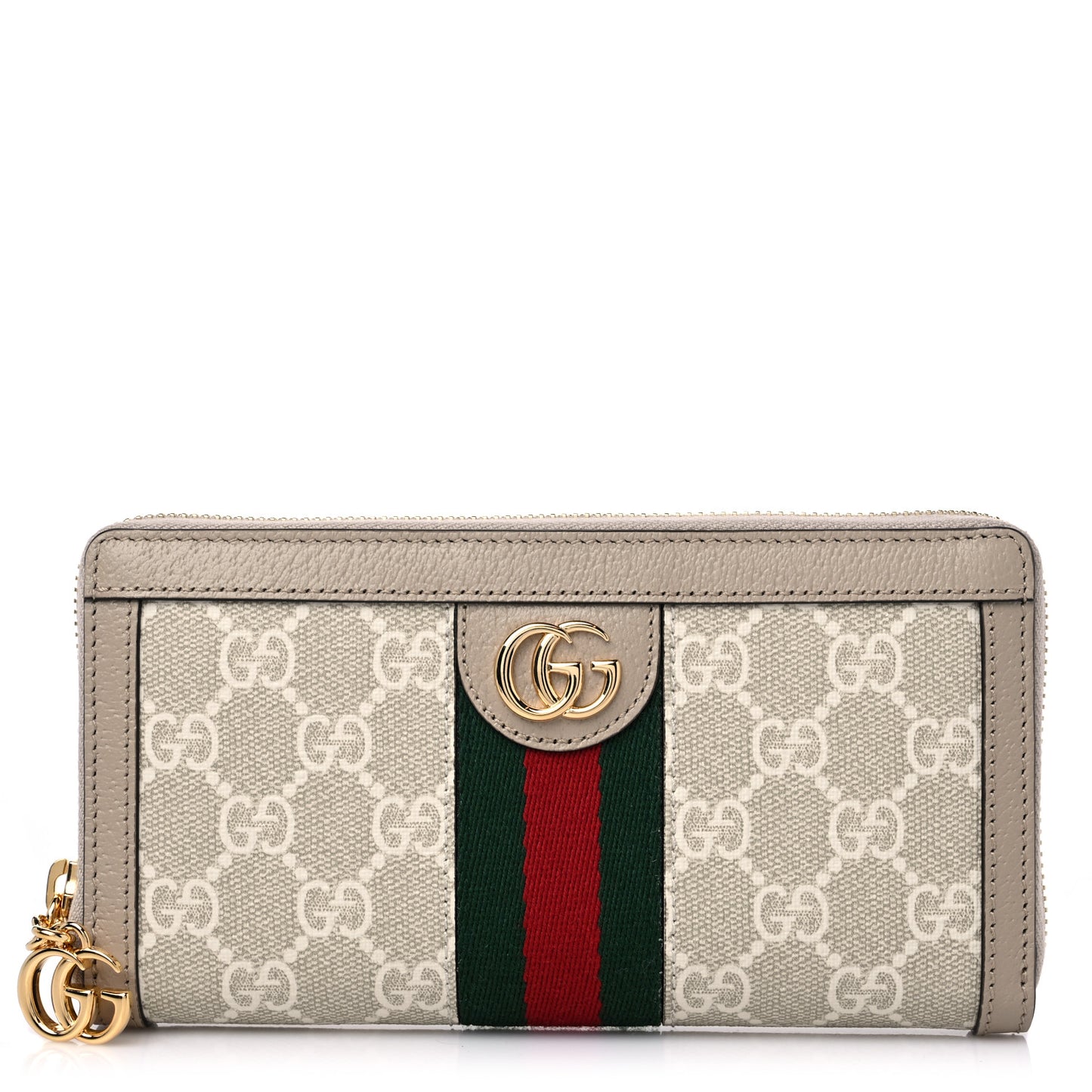 GG Supreme Monogram Textured Dollar Calfskin Web Ophidia Zip Around Wallet Beige Mystic White Oatmeal