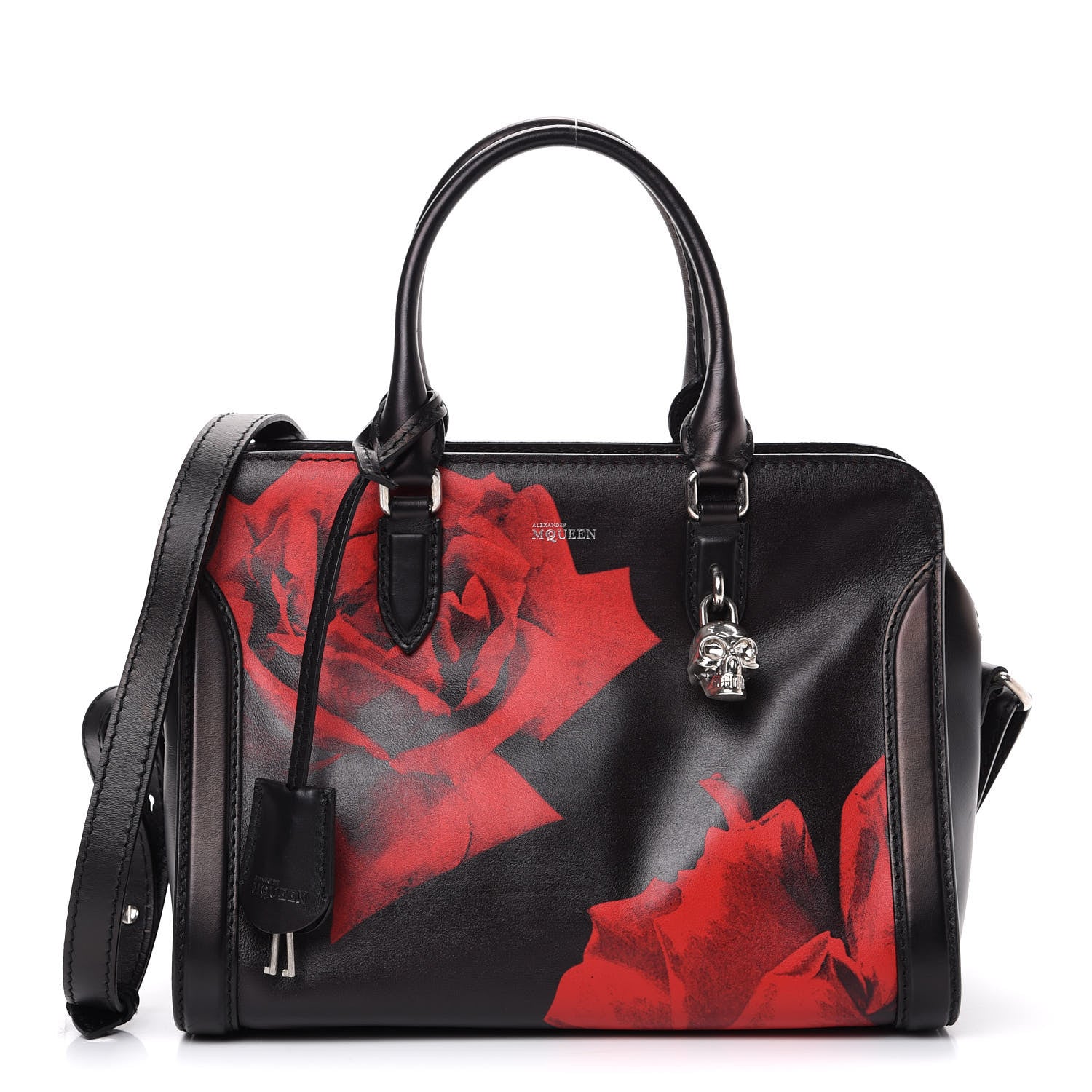 Alexander McQueen Calfskin Rose Printed Small Skull Padlock Zip Around Tote Black 1 of 12
